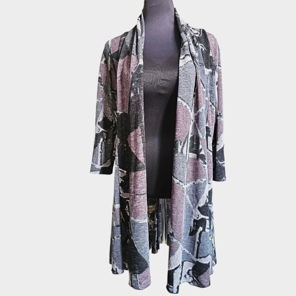 CREATION 3/4 Sleeve Purple & Gray Open Front Cover Up Cardigan Size Large NWT
